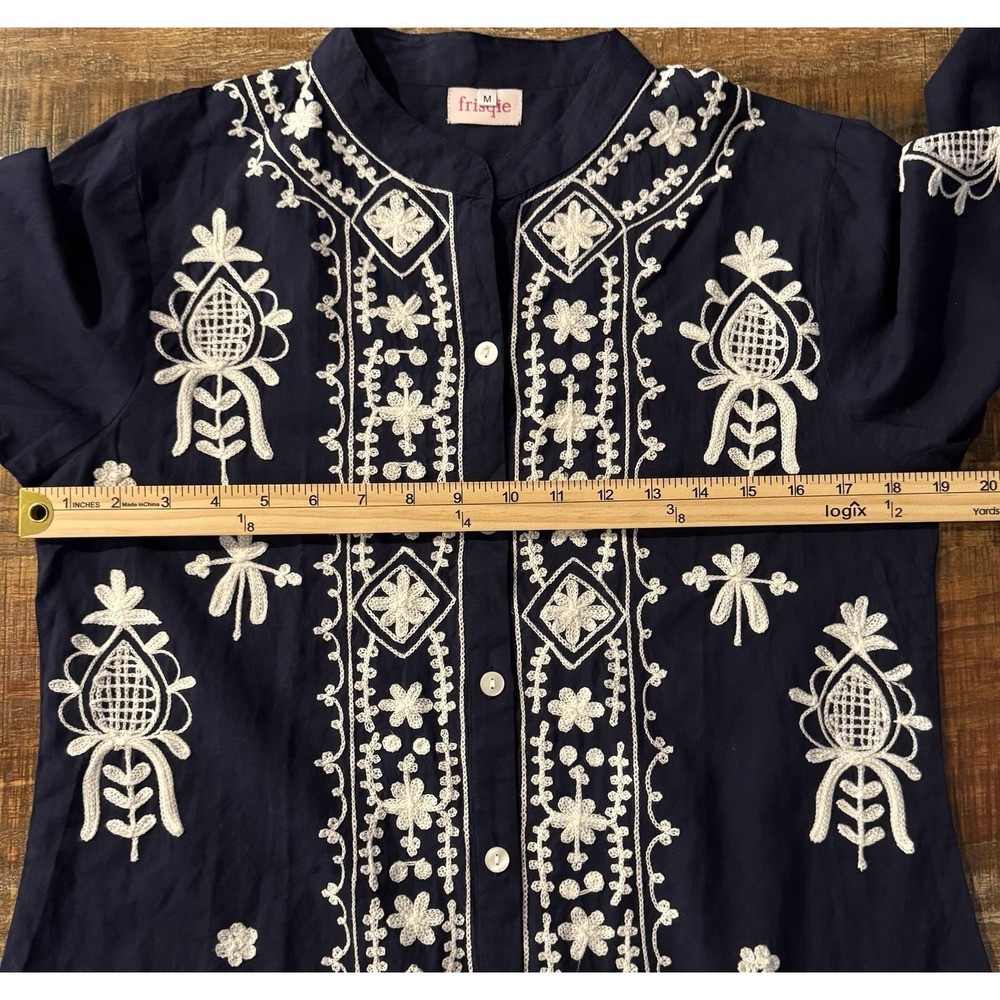 Frisqie Embroidered Cotton Tunic Dress Womens Medium Navy White Boho Long Sleeve - Picture 7 of 7